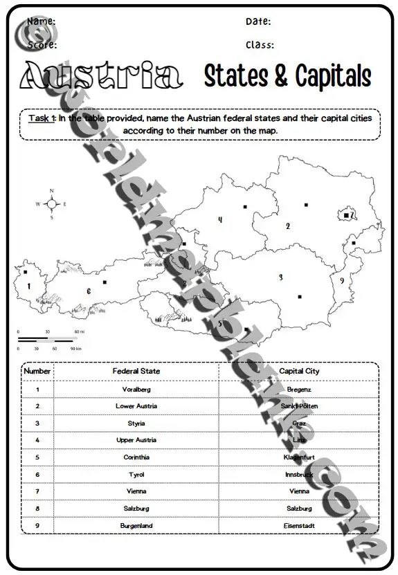 Austria Map Worksheet States and Capitals V2