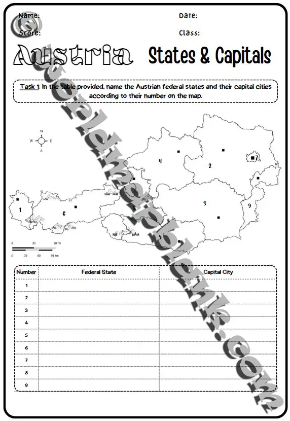 Austria Map Worksheet States and Capitals