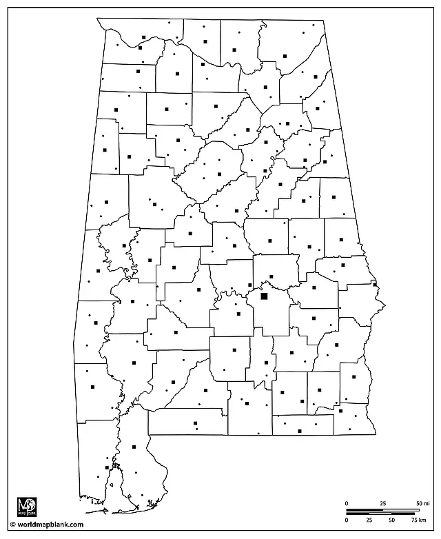 Blank Alabama Map with Cities and Towns