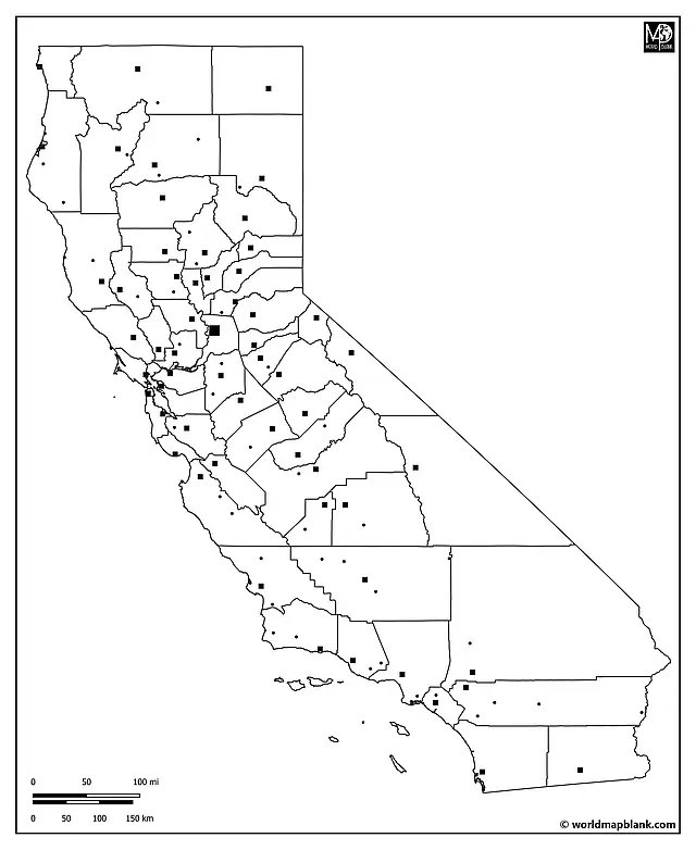 Blank Map of California with Cities and Towns
