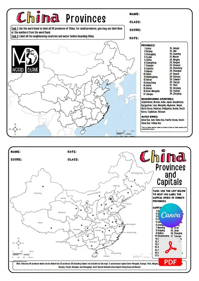 China Map Worksheets: Regions, Provinces, and Capitals