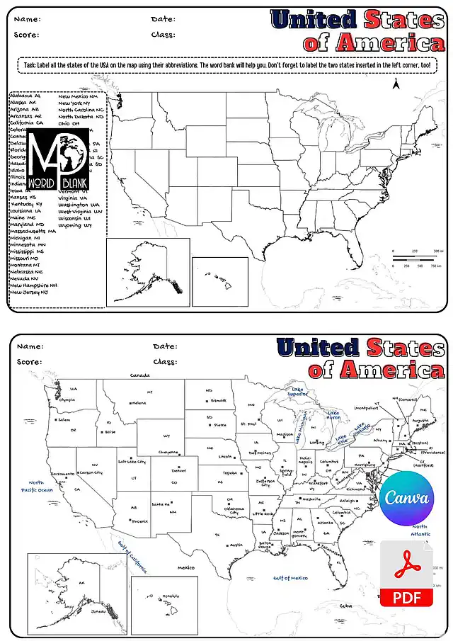 USA States & State Capitals Worksheets