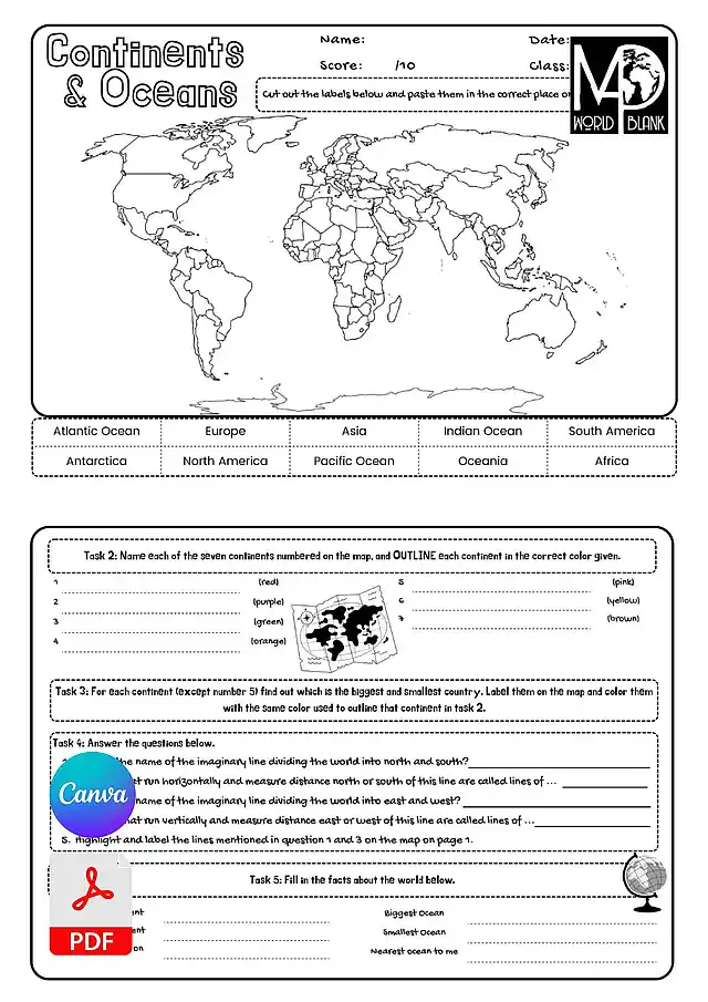 World Map Worksheets: Continents & Oceans