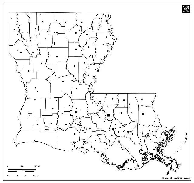 Printable Blank Map of Louisiana with Cities