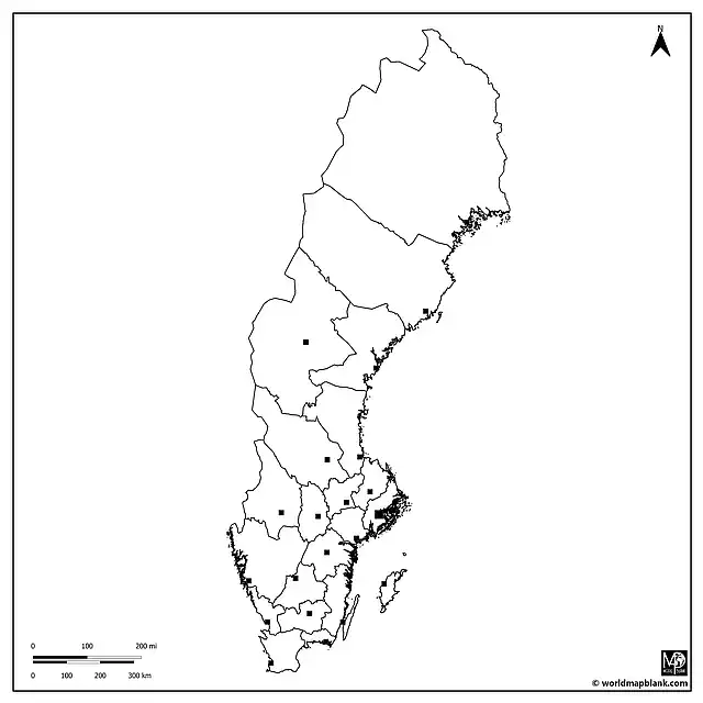 Blank Map of Sweden with County Capitals