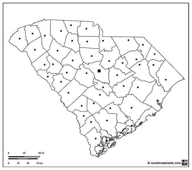 Outline Map of South Carolina with County Seats